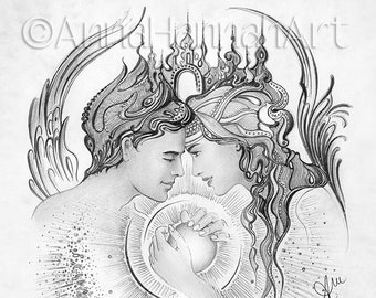 Love Angels „The New Beginning" Valentine A3 PDF/JPG Sepia/Greyscale/ Printable Coloring Page, Fantasy Fine Art for Adults by AnnaHannahArt