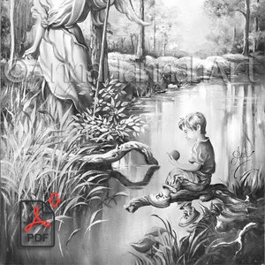 Può includere: Un'illustrazione in bianco e nero di un angelo con le ali in piedi vicino a uno stagno. L'angelo tiene un bastone e guarda un giovane ragazzo seduto su un ramo d'albero vicino all'acqua. Il ragazzo tiene una piccola palla nella sua mano.