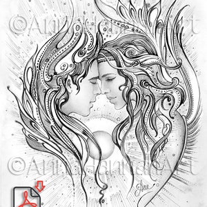Love Angels Found Each Other Again A3/A4/PDF/JPG Sepia/Greyscale/ Printable Coloring Page, Fantasy Fine Art for Adults by AnnaHannahArt image 1