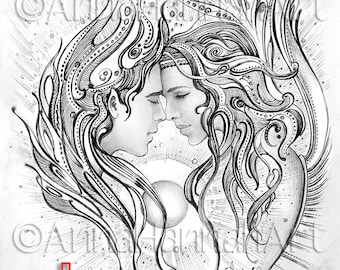 Love Angels „Found Each Other Again" A3/A4/PDF/JPG Sepia/Greyscale/ Printable Coloring Page, Fantasy Fine Art for Adults by AnnaHannahArt