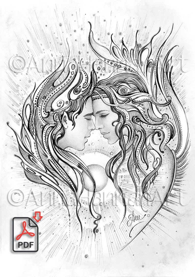 Love Angels Found Each Other Again A3/A4/PDF/JPG Sepia/Greyscale/ Printable Coloring Page, Fantasy Fine Art for Adults by AnnaHannahArt image 1