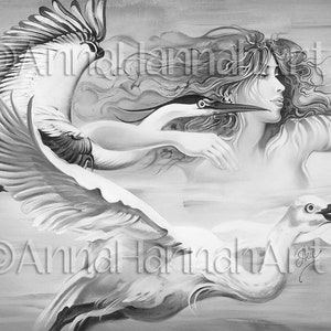 GAYA: „Dancing with Birds&quot; A4/A3/PDF/ Greyscale Downloded Printable Fantasy Coloring Page for Adults and Children by Anna Miarczyńska