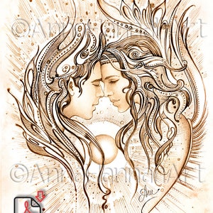 Love Angels Found Each Other Again A3/A4/PDF/JPG Sepia/Greyscale/ Printable Coloring Page, Fantasy Fine Art for Adults by AnnaHannahArt image 3