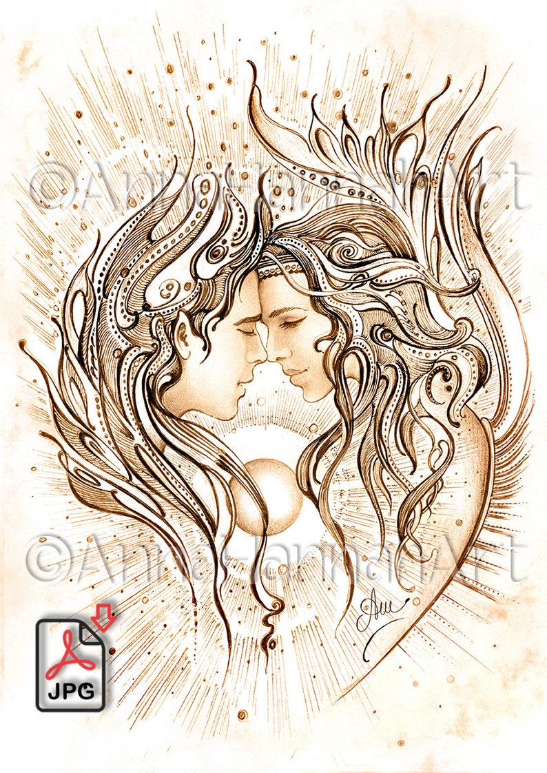 Love Angels Found Each Other Again A3/A4/PDF/JPG Sepia/Greyscale/ Printable Coloring Page, Fantasy Fine Art for Adults by AnnaHannahArt image 3