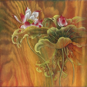mother child lotus flower leaves wood grain unique original oil painting handmade red white olive green timeless nature perfect gift luxury