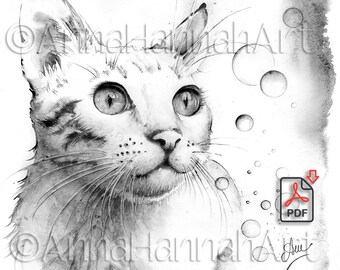 POWER ANIMALS: "Scent of Blue"- Cat Portrait -square forA4/A3/PDF/black/grey/sepia Downloaded Image – for Adults & Children by AnnaHannahArt