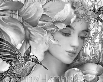 GAYA-MotherEarth:"May Flowering Lady" grayscale A3/PDF/jpg/black/sepia/Downloaded Fantasy Printable Coloring Page for Adults - AnnaHannahArt