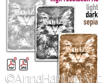 UNIVERSE SECRETS:"Schrodinger's Cat"A3/A4 PDF/Greyscale/Sepia Downloded Printable Fantasy Coloring Page for Adults&Children by AnnaHannahArt