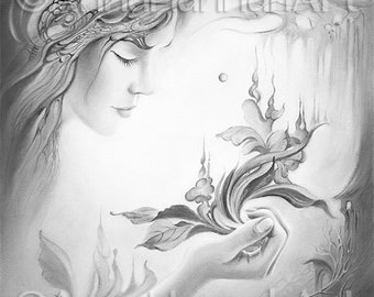 GAYA: „Birth of Wild Apple Flower" A4/A3/PDF Greyscale Downloded Printable Fantasy Coloring Page for Adults and Children by Anna Miarczyńska