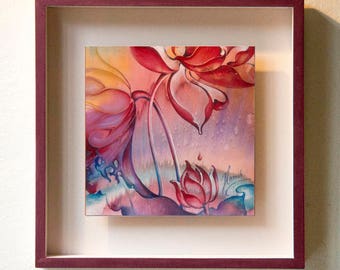 red lotus flowers water drop gift treasury original oil painting handmade yoga fine art timeless floral unique inspirational enlightenment