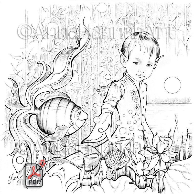 LOTUS CHILDREN: "On the Way" square A4/A3/PDF/ Instant Downloaded Printable Fantasy Coloring Page - for Adults and Children by AnnaHannahArt image 1