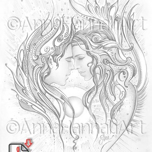 Love Angels Found Each Other Again A3/A4/PDF/JPG Sepia/Greyscale/ Printable Coloring Page, Fantasy Fine Art for Adults by AnnaHannahArt image 2