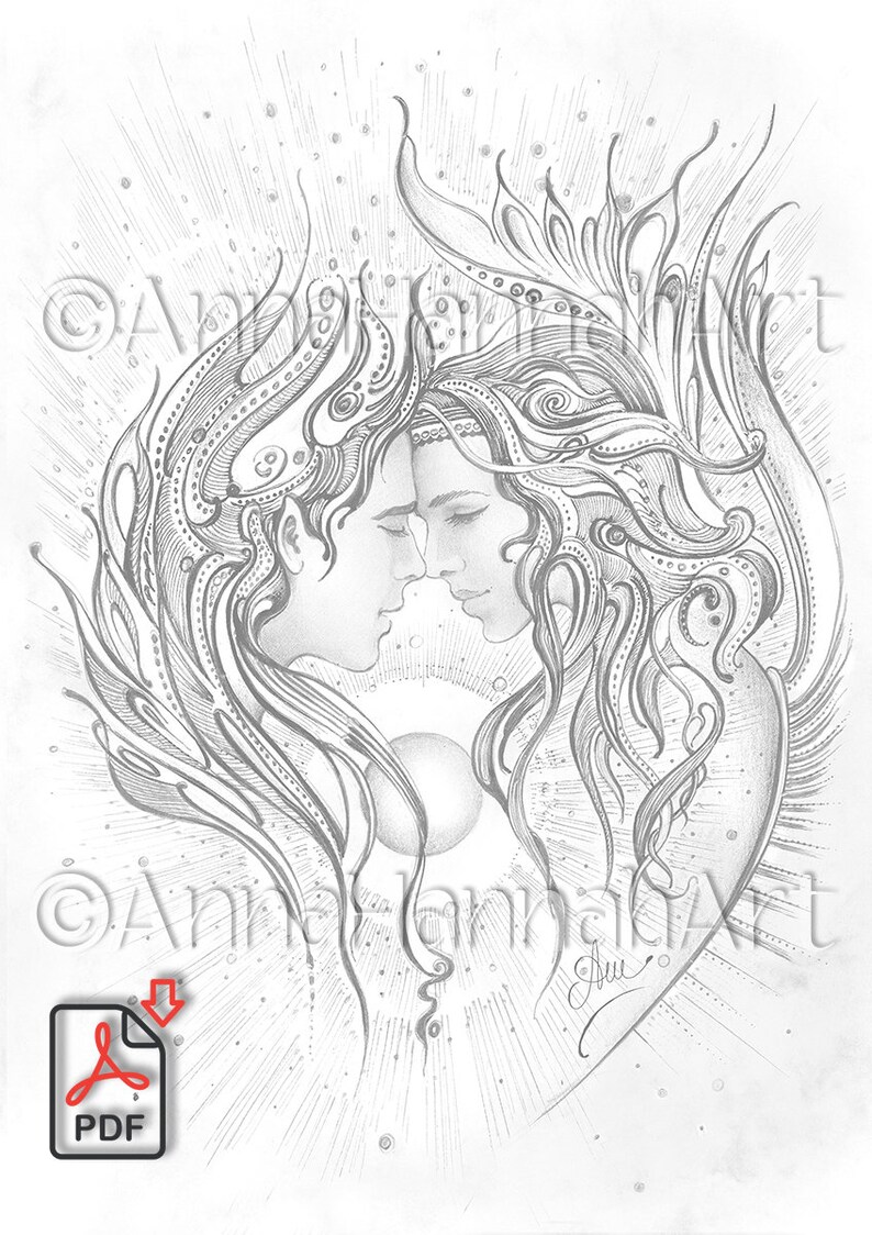 Love Angels Found Each Other Again A3/A4/PDF/JPG Sepia/Greyscale/ Printable Coloring Page, Fantasy Fine Art for Adults by AnnaHannahArt image 2