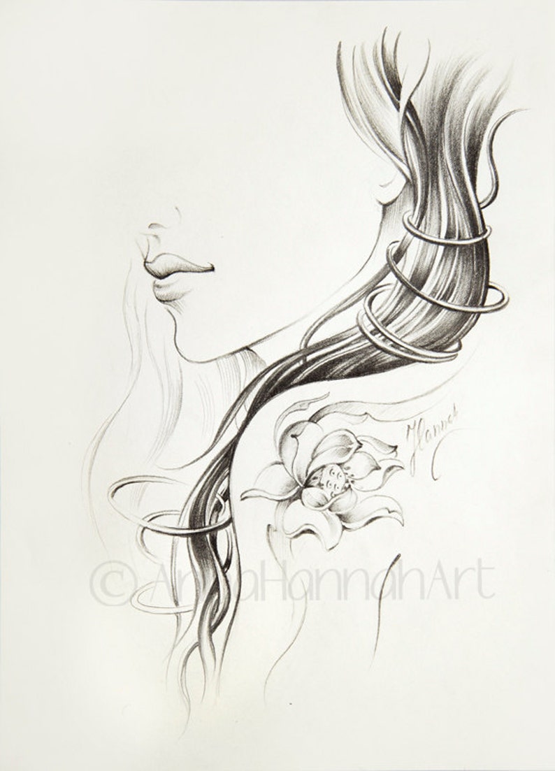 Lotus Flower Tatoo Magic Beautiful Woman Long Hair Romantic Female Fine Art Sensual Gentle Soft Original Pencil Drawing Secesja Magical Gift