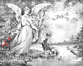 Guardian Angels:„Search of Adventure"A4/A3/PDF/Greyscale Downloded Printable Fantasy Coloring Page for Adults and Children by AnnaHannahArt