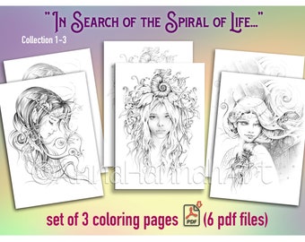 UNIVERSE SECRETS/Spiral of Llife (collection 1-3): Set of 3 printable coloring pages for Adults by AnnaHannahArt -format A3/six Pdf files