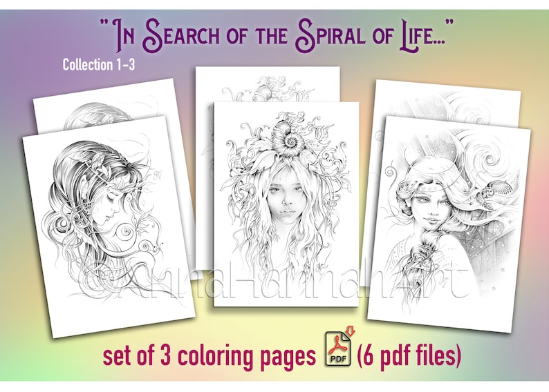 UNIVERSE SECRETS/Spiral of Llife collection 1-3: Set of 3 printable coloring pages for Adults by AnnaHannahArt format A3/six Pdf files image 1