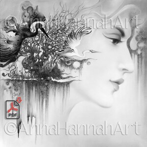 Puede incluir: Una pintura digital en blanco y negro de la cara de una mujer con un pájaro estilizado y un diseño floral en el pelo. La cara de la mujer está de perfil y sus labios son rojos.