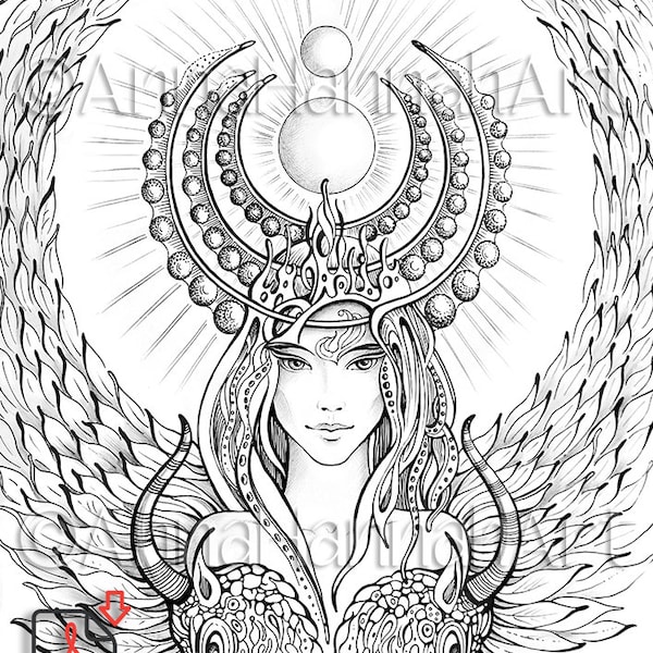 Guardian Angel for "Capricorn" Zodiac Sign/A4/A3/PDF/JPG FineArt Download Printable Coloring Page for Adults/pen drawing by Anna Miarczyńska
