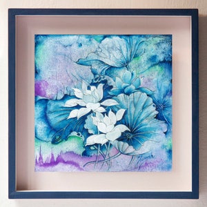 white lotus flowers winter original watercolour oil painting transformation timeless nature floral handpainted gift unique yoga zen fine art