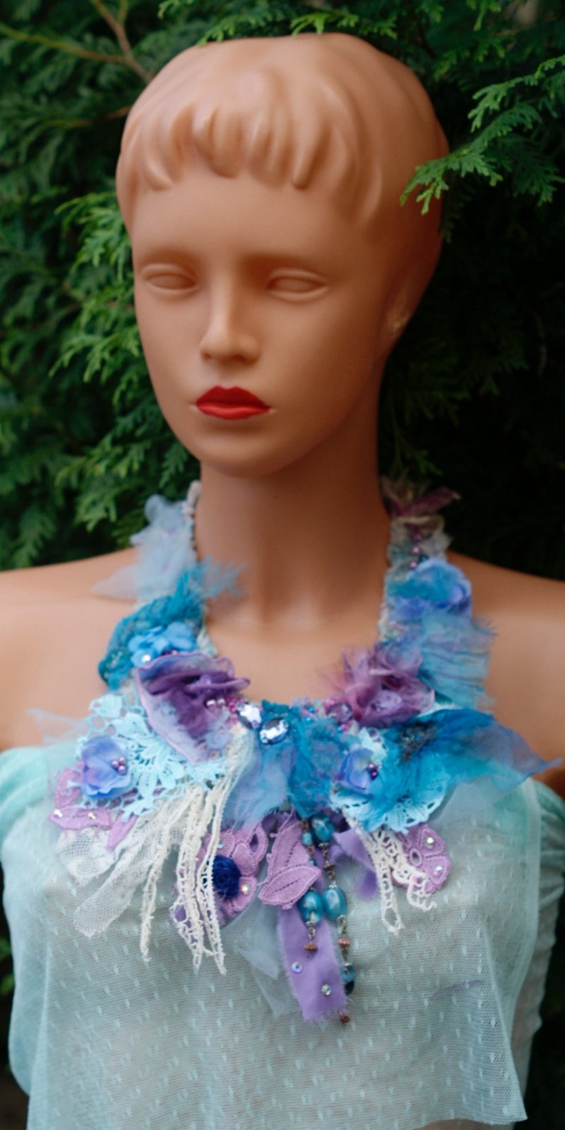 shabby chic necklace glass crystals necklace statement Marie Antoinette necklace Tattered fairytale old laces silk fabric necklace