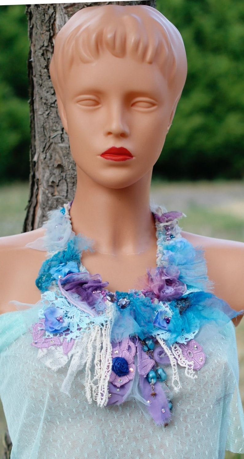 shabby chic necklace glass crystals necklace statement Marie Antoinette necklace Tattered fairytale old laces silk fabric necklace