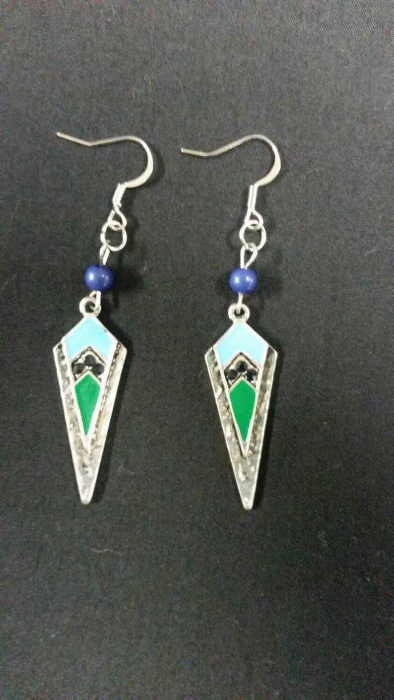 Silver Arrowhead earrings with green light blue and black