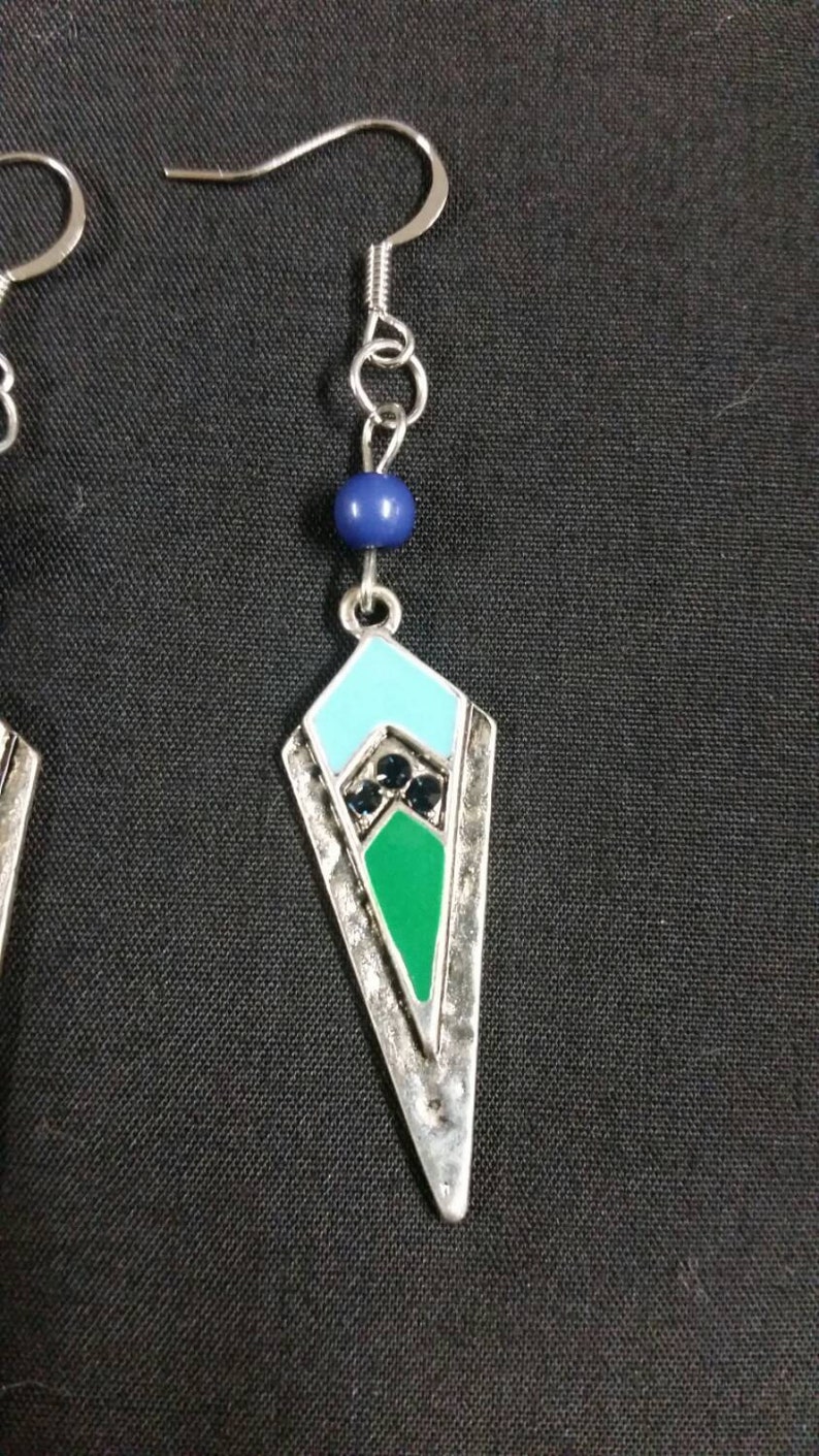 Silver Arrowhead earrings with green light blue and black
