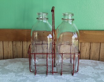 Milk Bottle Carrier Red Metal and Two (2) Half Gallon Milk Bottles Rustic and Farmhouse Decor