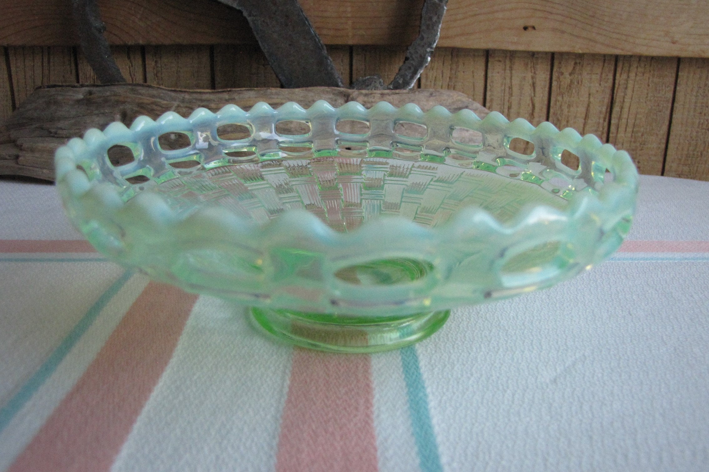Fenton green opalescent bon bon dish basketweave pattern ...