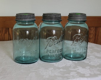 Blue Ball Mason Jars Set of 3 Quart Jars with Zinc Lids 1923-1933