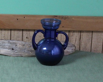 Cobalt Blue Glass Vase Handled Bottle Vintage Florist Ware and Home Décor