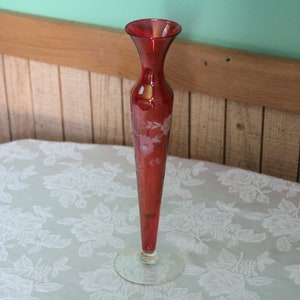 Cranberry Floral Etched Bud Vase Vintage Florist Ware