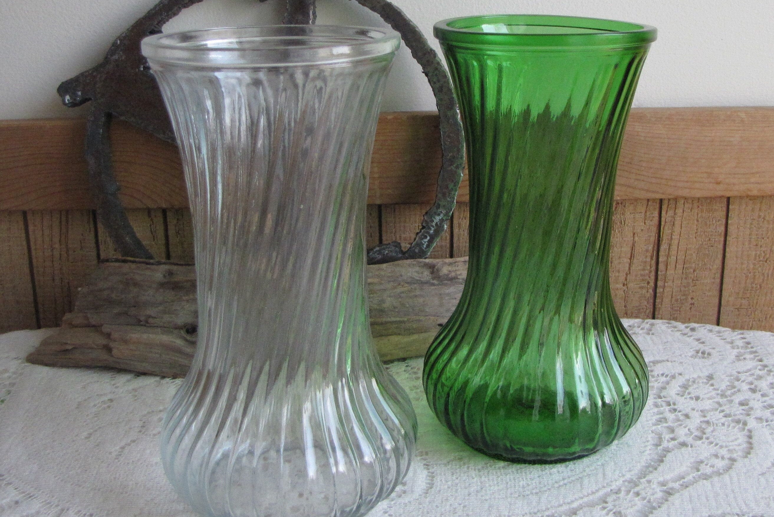 Hoosier Glass vases set of 2 green and clear vintage Etsy