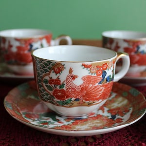 Imari Peacock by Arita Cups and Saucers Set of Seven (7) 1980s Vintage Dinnerware