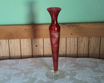 Cranberry Floral Etched Bud Vase Vintage Florist Ware