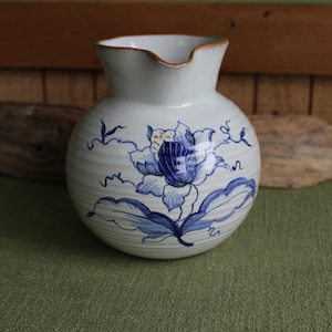 Clay Pitcher Blue and White Flowers Vintage Pottery
