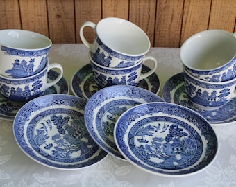 Johnson Bros. Blue Willow Cups and Saucers Set of Six (6) 2000 Vintage Dinnerware and Drinkware