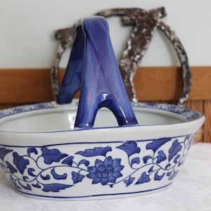 Blue and White Ceramic Basket Vintage Home Decor