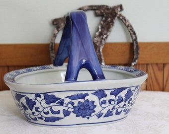 Blue and White Ceramic Basket Vintage Home Decor