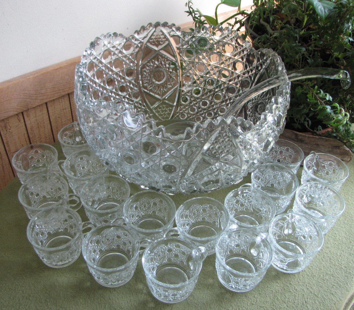 Punch Bowl L. E. Smith Daisy and Buttons 20 piece Cut Glass Etsy