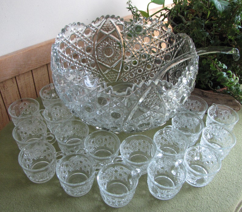 Punch Bowl L. E. Smith Daisy and Buttons 20 piece Cut Glass Etsy