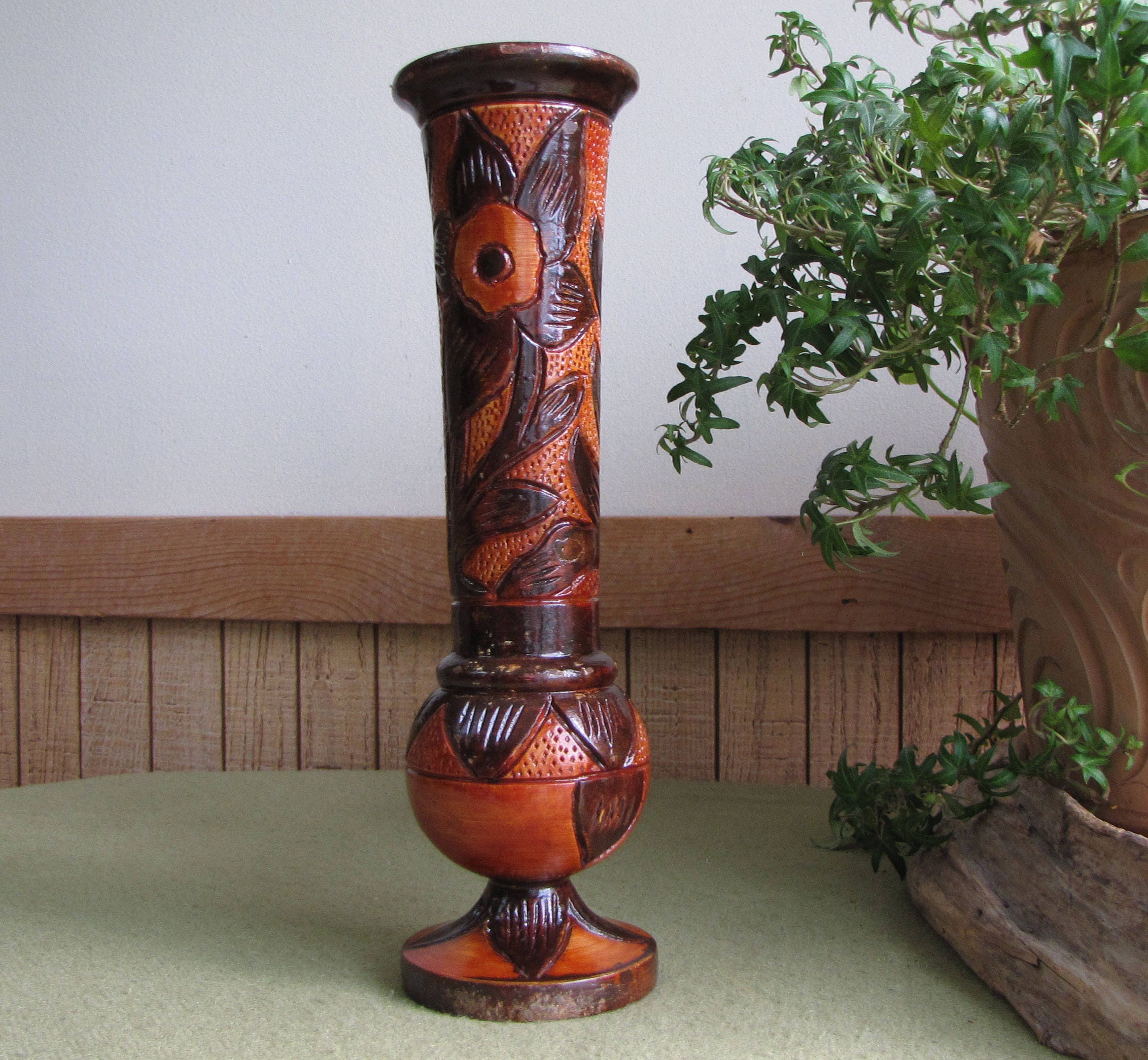 Vintage Wooden Vase Tall Wood Flower Carved Brown Glazed