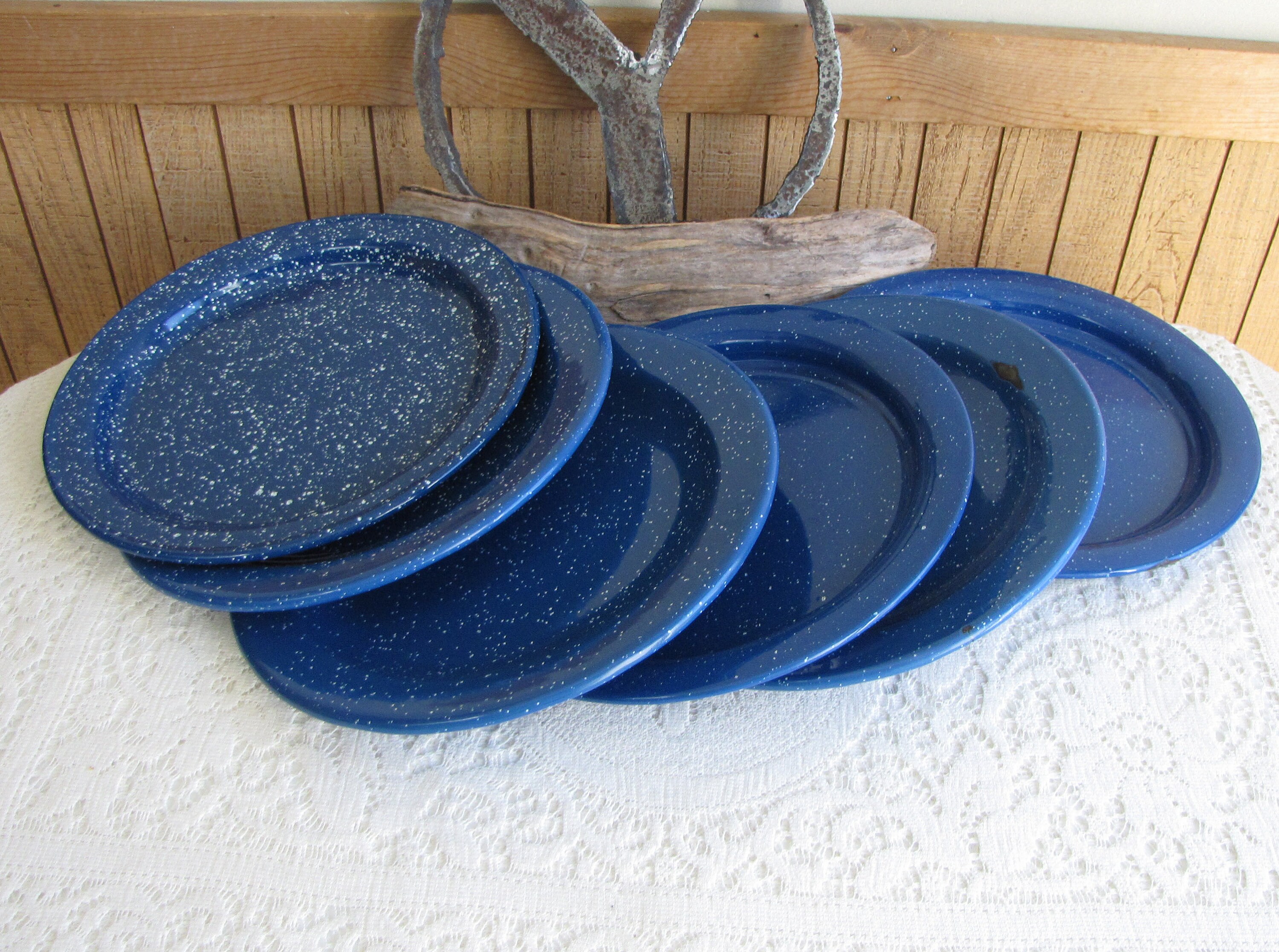 Blue Speckled Enamelware Dinner Plates Set of Six (6) Vintage