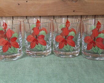 Block China Poinsettia Glasses Set of Four (4) 8 oz. Old Fashion Glasses 1984-1998 Vintage Holidays and Barware