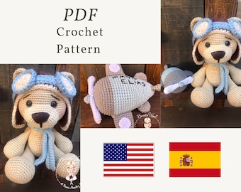 PDF Bobby the Aviator Bear with plane, crochet pattern, baby shower gift, crochet toy patter