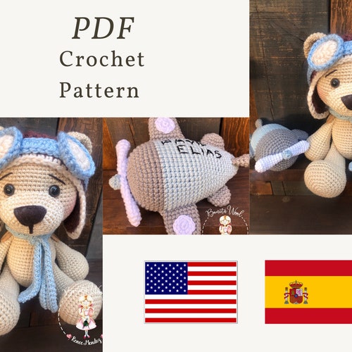 PDF Bobby the Aviator Bear with plane, crochet pattern, baby shower gift, crochet toy patter