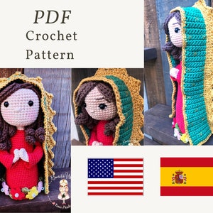Patrón PDF -Muñeca pequeña- Virgen de Guadalupe, patrón muñeca crochet, patrón amigurumi, tutorial muñeca crochet, patrón muñeca crochet