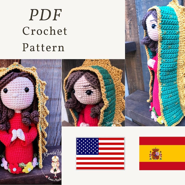 PDF Pattern -Small doll- Lady of Guadalupe, crochet doll pattern, amigurumi pattern, crochet Doll tutorial, crochet doll pattern