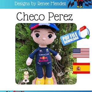 May include: Crochet amigurumi pattern for a Checo Perez Formula 1 driver doll. The doll is wearing a blue and red racing suit with the Oracle and Red Bull logos. The pattern includes instructions for making the doll, clothing, and accessories. The pattern is available as a PDF download.